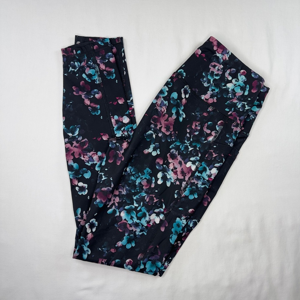 Avia Leggings Women's Small Black Floral Athleisure Activewear Pockets